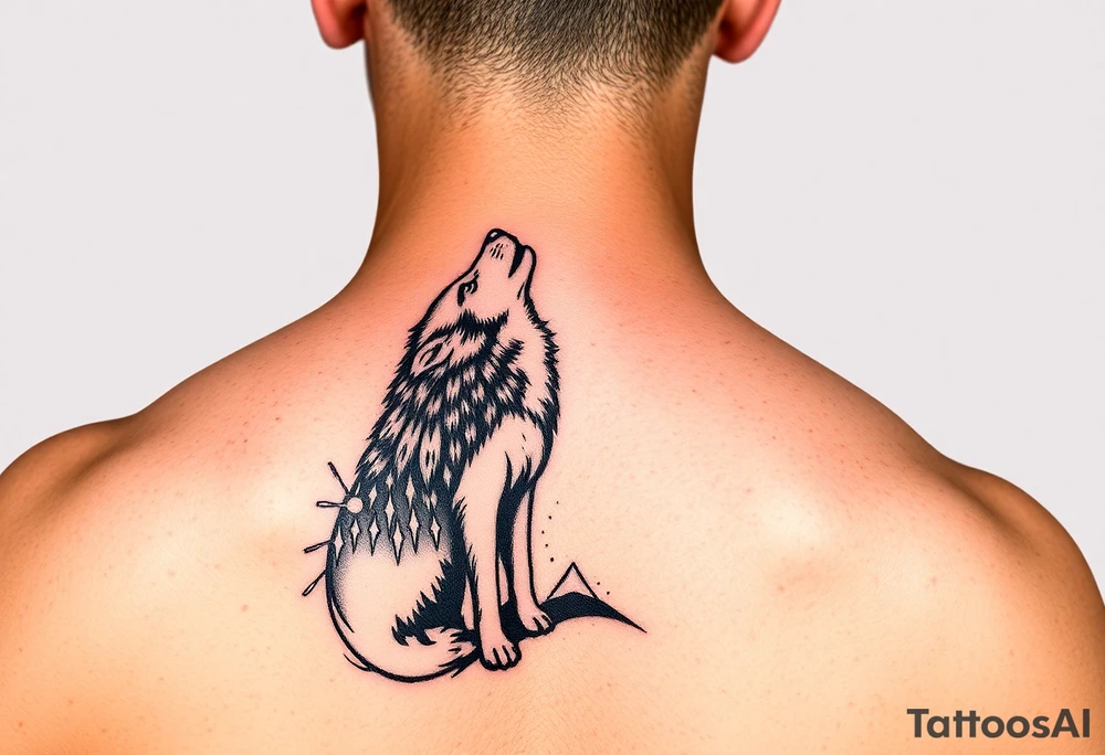 lone wolf howling at full moon with northern lights backdrop tattoo idea