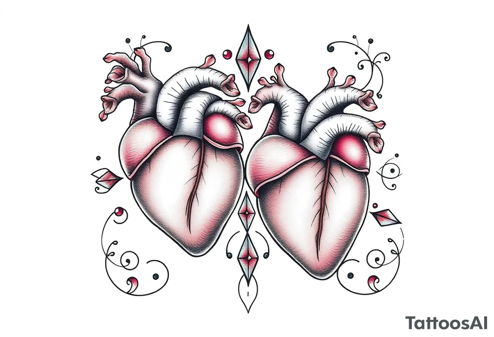 Two anatomical hearts surrounded by filigree and crystal or gem accents tattoo idea