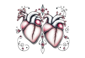 Two anatomical hearts surrounded by filigree and crystal or gem accents tattoo idea