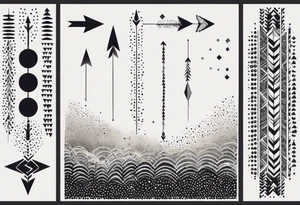 three basic parallel arrows.
The first arrow broken near the flight.
the second middle arrow in tact. the third arrow broken near the head. morse code for JAK in the design. tattoo idea