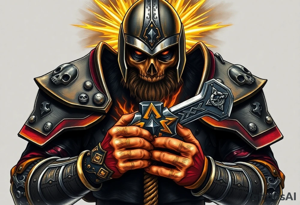 Warhammer, the Old World. A warrior priest of Sigmar holding The Warhammer of Sigmar. The Warhammer of Sigmar is radiating thunderous energy. The Warhammer is held by the warrior priest with both hands at the shaft with a firm grip, upon his chest level. The Warrior priest is wearing dark alloyed heavy armour (reference armor from warhammer vermintide 2 Victor Saltzpyres, the warrior priest of Sigmar class) with skull sigils on his shoulder pads. The warrior priest is wearing a helmet, while the helmets front visor has an humanoid metal face covering. The helmet and armour are gladened with hints of gold and crimson red. The Warhammer is silverish and golden with a long shaft with twisted carvings. tattoo idea