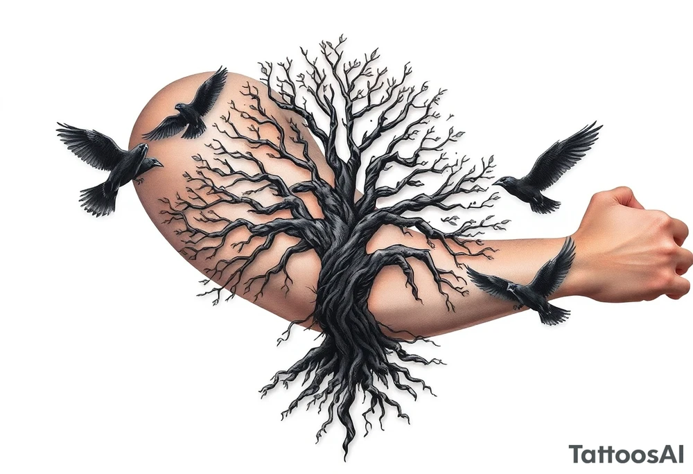 The Tree of Life, color infused, full forearm, ravens flying around it, tattoo idea
