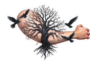 The Tree of Life, color infused, full forearm, ravens flying around it, tattoo idea