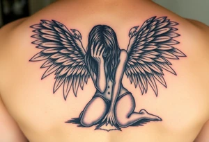 fallen angel Dante Mikha'el on her knees with great full wings, looking her darkened hand head down and her hair cover her half face tattoo idea