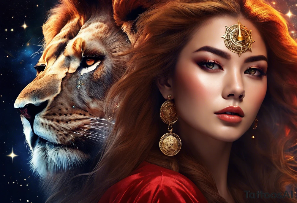 women turning to her side with a small leo zodiac symbol on her forehead, lion scratch scar on her eye and stars, moon and sun floating behind her head. however at the bottom  have her blend away like a smoke effect, you can use Stars or clouds to help fill in space. Also create a somewhat Smokey thin red line wrapping going from the back of the neck to the pinky and overlapping the woman tattoo as well. tattoo idea