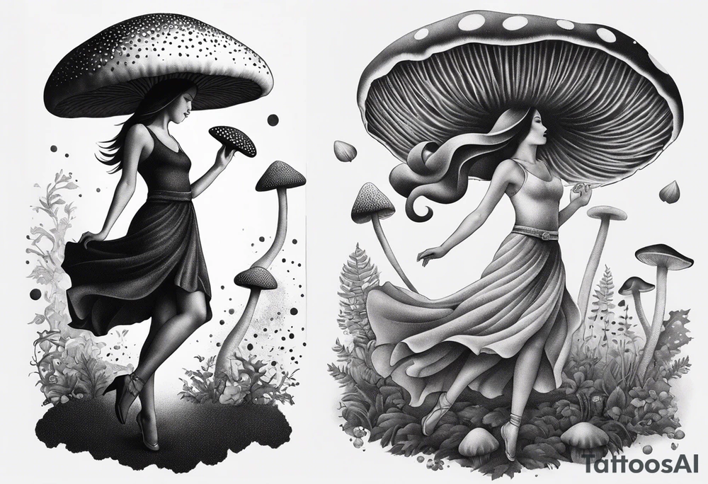 woman dancing around a mushroom tattoo idea