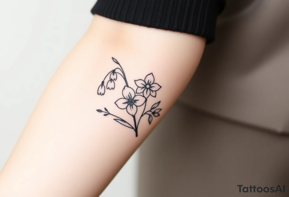 Simple small design in black bunch of flowers 1 lily of the valley 1 daffodil 1 holly 1 larkspur tattoo idea