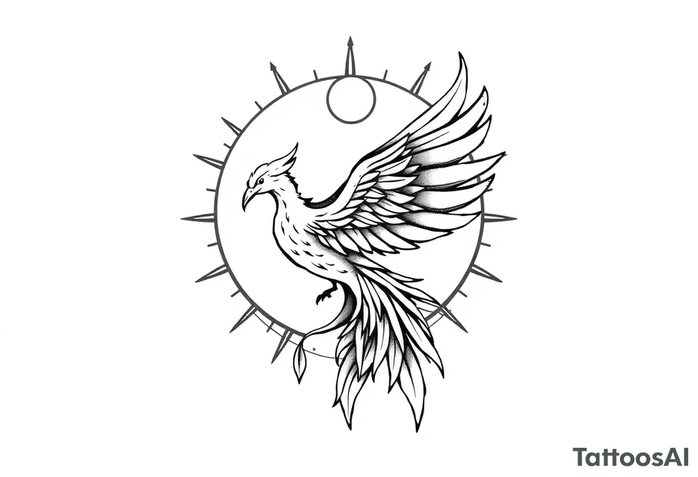 magical phoenix rising from golden flames with trailing embers surrounded by geometric sun and moon tattoo idea