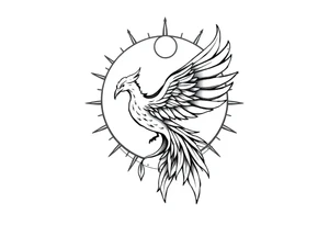 magical phoenix rising from golden flames with trailing embers surrounded by geometric sun and moon tattoo idea