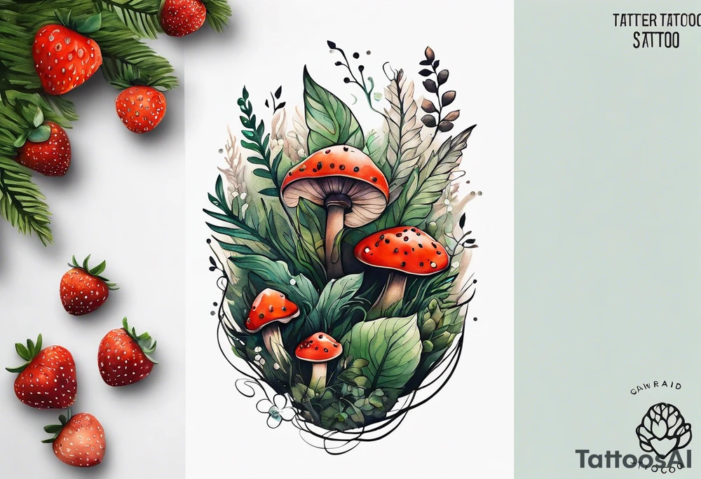 forest floor inspired minimalist tattoo, which includes grass, curly ferns and dead leaves as the bulk of the tattoo. details to include: three very tiny strawberries, a tiny bumblebee flying nearby, three small brown mushrooms tattoo idea
