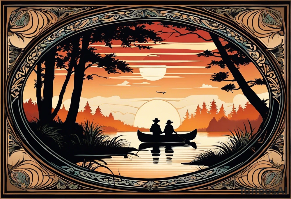 The tattoo design depicts a serene nature scene, framed within a semi-circular border. In the foreground, there are two people sitting in a canoe on a calm lake. They are paddling towards the horizon, with one person sitting at the back of the canoe and the other at the front. The back view of the people suggests a peaceful and contemplative moment shared between them.

In the background, there are majestic mountains with peaks covered in snow, creating a dramatic and picturesque landscape. The mountains are flanked by tall pine trees on either side, adding to the wilderness feel of the scene. Above the mountains, a large sun is either rising or setting, casting a tranquil glow over the entire scene. Birds are flying in the sky, adding to the sense of freedom and natural beauty.

The entire scene is rendered in a minimalist, black and white, line-drawing style, giving it a clean and elegant appearance. The semi-circular frame around the design focuses attention on the central elements and adds a sense of completeness to the image. black and white tattoo idea