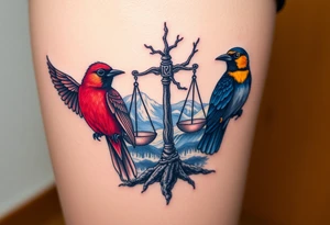 one of the birds red wearing a suit, other bird navy blue with glasses or holding a book, scales of justice built into a tree, starry night painting and mountain background tattoo idea