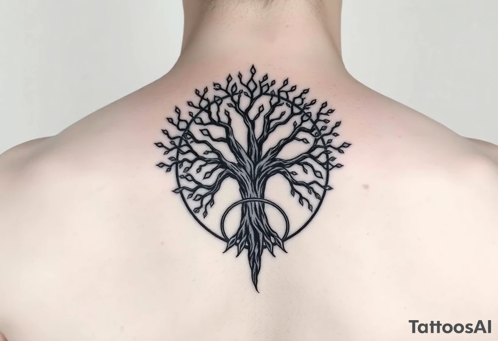 yggadrisl tree of life with circle. names Jai , Phoebe, Imogen, Matilda in the circle tattoo idea