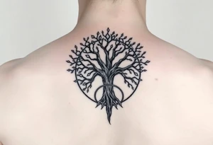 yggadrisl tree of life with circle. names Jai , Phoebe, Imogen, Matilda in the circle tattoo idea