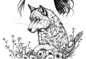 Wolf wearing a sheeps wool around its body like a robe  prowling around flower weeds with lambs and goats and peacocks tattoo idea