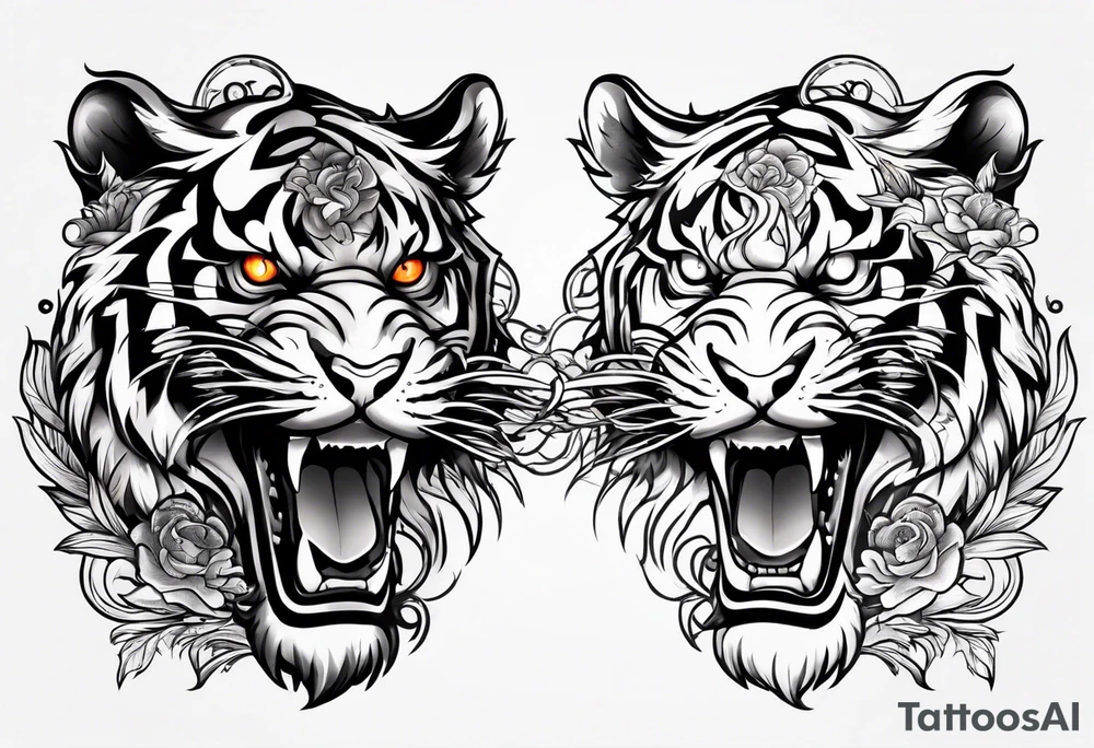 tiger on shoulder and dragon on bicep ying yang contrast tattoo idea