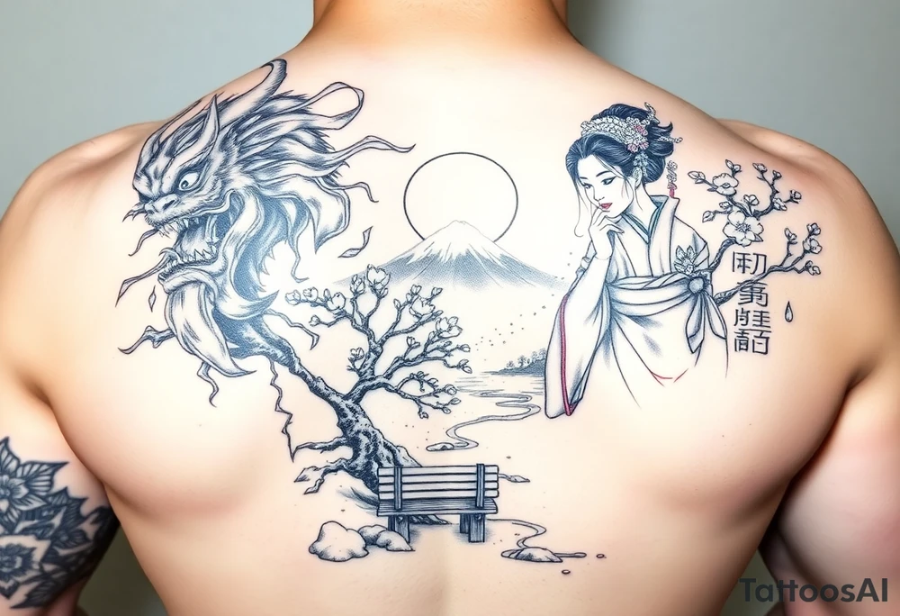 Mighty Fierce Japanese demon and strong courageous geisha with cherry blossom tree river and stone bench mt fuji tattoo idea