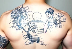 Mighty Fierce Japanese demon and strong courageous geisha with cherry blossom tree river and stone bench mt fuji tattoo idea