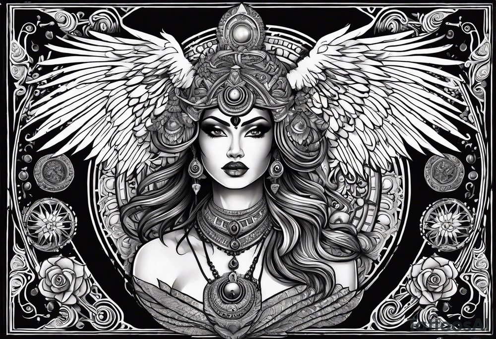 black kali, goddess pirate, alien, angel, pachamama, valkrye, warrior, flying, skull, lotus azul, wing, eagle, zenza resonance, stars, 5D, anahata chakra, death, durga, riding on a tiger, flying lady, kundalini, chest tatoo, samuri, rebel tattoo idea