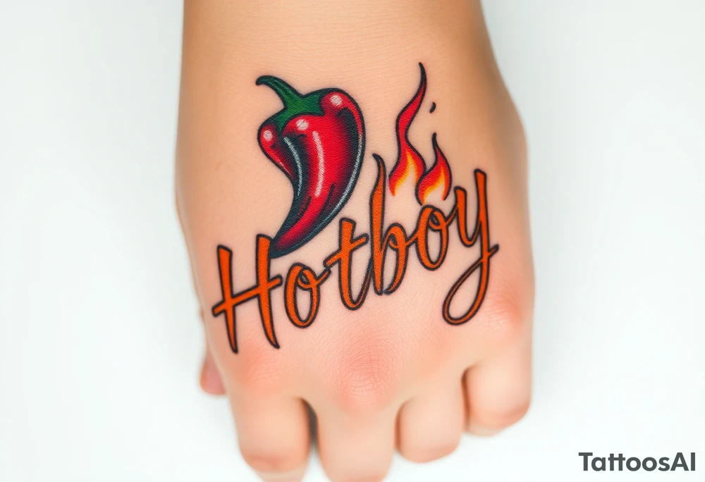 Chili pepper and fire lettering says Hotboy tattoo idea