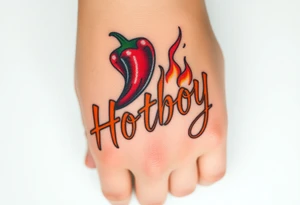 Chili pepper and fire lettering says Hotboy tattoo idea