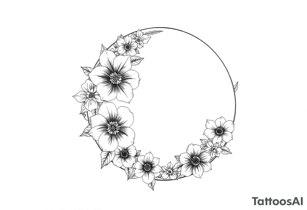 moon-shaped diferent flowers tattoo idea