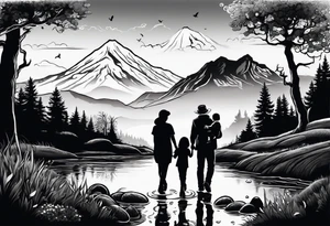 Family silhouette of a father, a mother, oldest son, middle daughter, and small daughter foraging mushrooms with mountains and creek in background tattoo idea