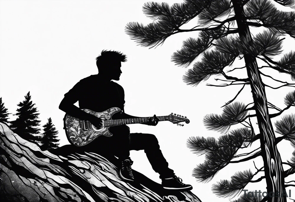 silhouette of a man sitting in a pine tree playing electric guitar tattoo idea