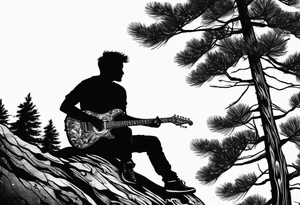 silhouette of a man sitting in a pine tree playing electric guitar tattoo idea