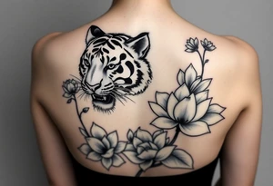 fierce tiger emerging through blooming lotus flowers in mist tattoo idea