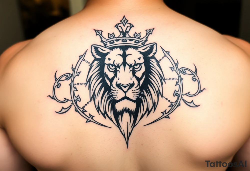 powerful majestic lion with a crown, surrounded by thorns ornaments tattoo idea