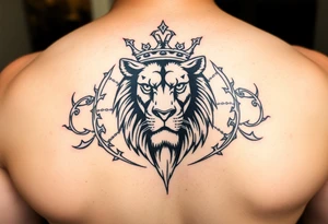 powerful majestic lion with a crown, surrounded by thorns ornaments tattoo idea