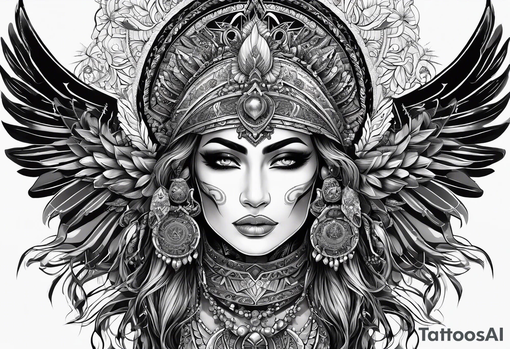 black kali, goddess pirate, alien, pachamama, valkrye, warrior, skull, lotus azul, wing, eagle, zenza resonance, stars, 5D tattoo idea