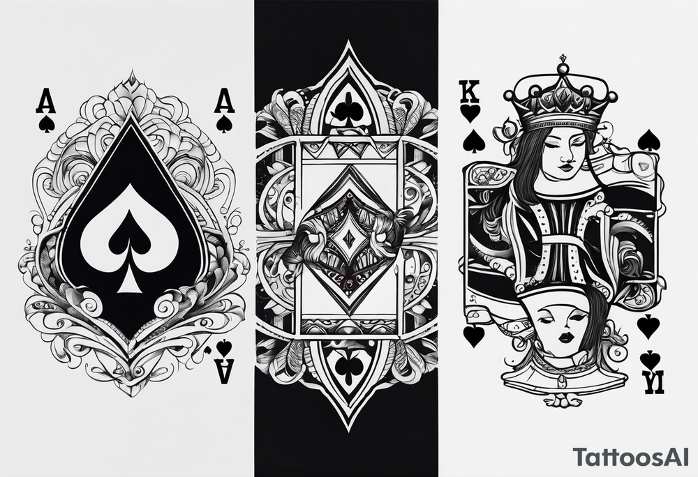 one playing card with both queen of hearts and king of spades incorporated in extreme minimalistic style tattoo idea