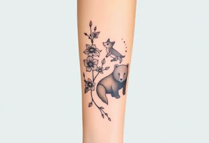 Full forearm design. Flowers on the vine. Include a snail, turtle, fox, and bear tattoo idea