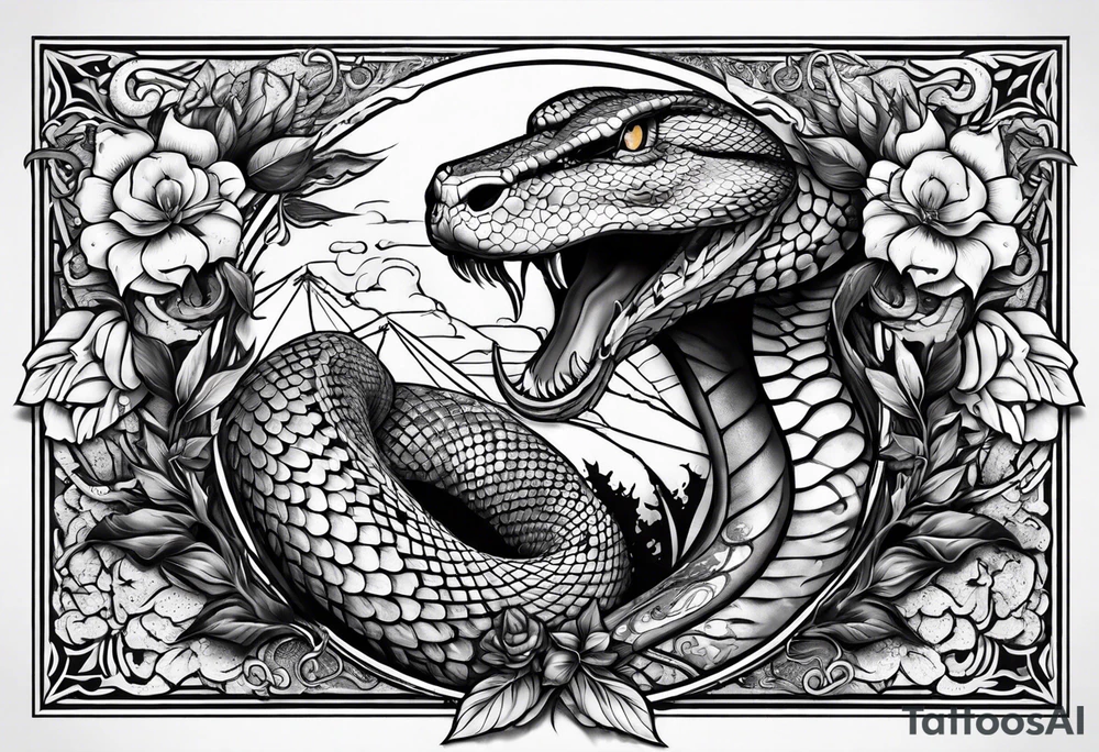 sleeve tattoo with a snake, gun, weed symbol that says HYDRA tattoo idea