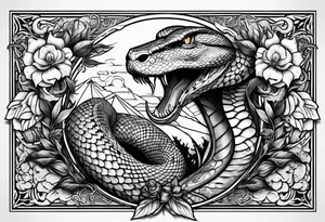 sleeve tattoo with a snake, gun, weed symbol that says HYDRA tattoo idea