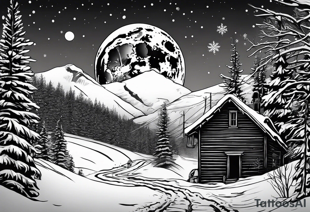 Snow machine,
snowshoes and a moon above tattoo idea