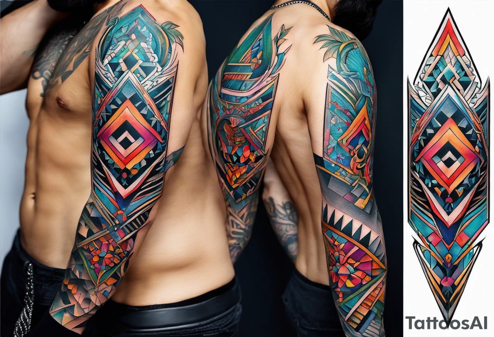 Bold geometric tapestry trident in colour on arm tattoo idea
