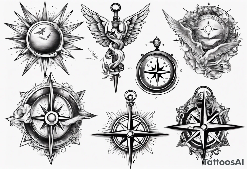 Chest tatoo with sun and letters and compass and angels tattoo idea