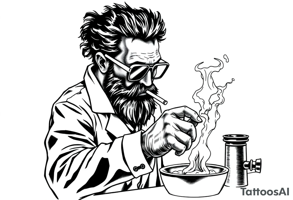 mad scientist cooking meth while smoking out of oil burner tattoo idea