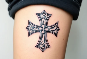 A steel-textured Maltese cross with the American flag waving in the background, symbolizing patriotism and heroism. tattoo idea