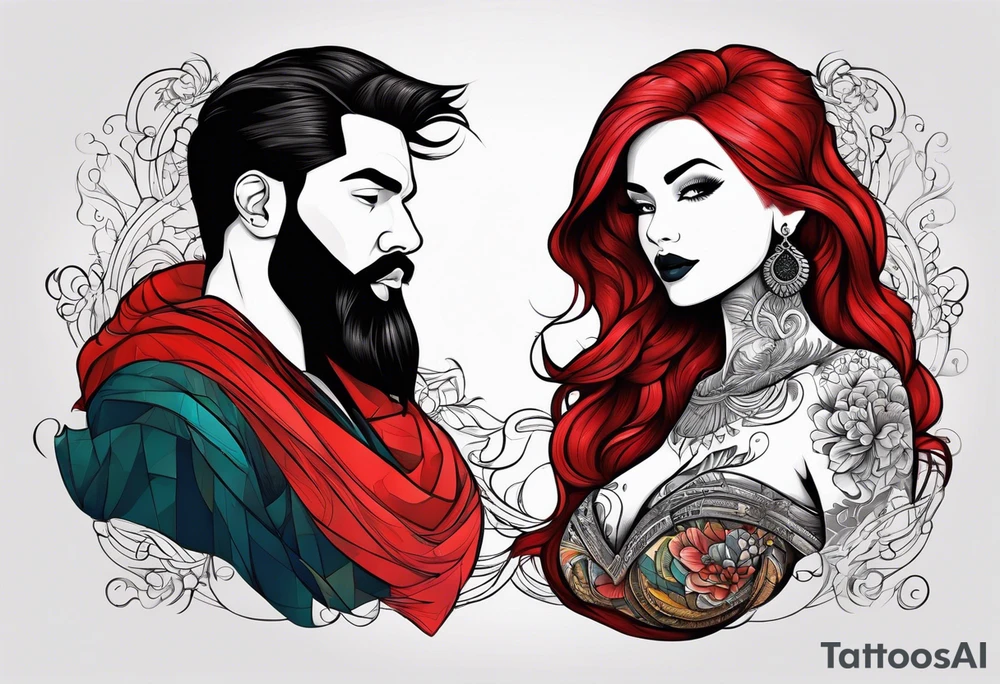 Busty red hair woman with bearded black hair man tattoo idea