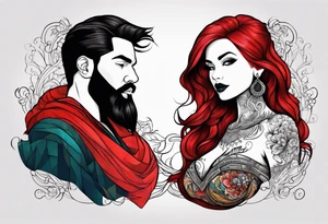 Busty red hair woman with bearded black hair man tattoo idea