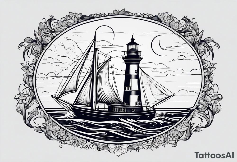 bateau, phare maritime et lune bleu.délicat,minimaliste.phoenix. tattoo idea