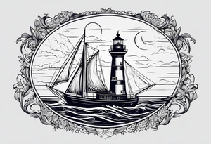 bateau, phare maritime et lune bleu.délicat,minimaliste.phoenix. tattoo idea