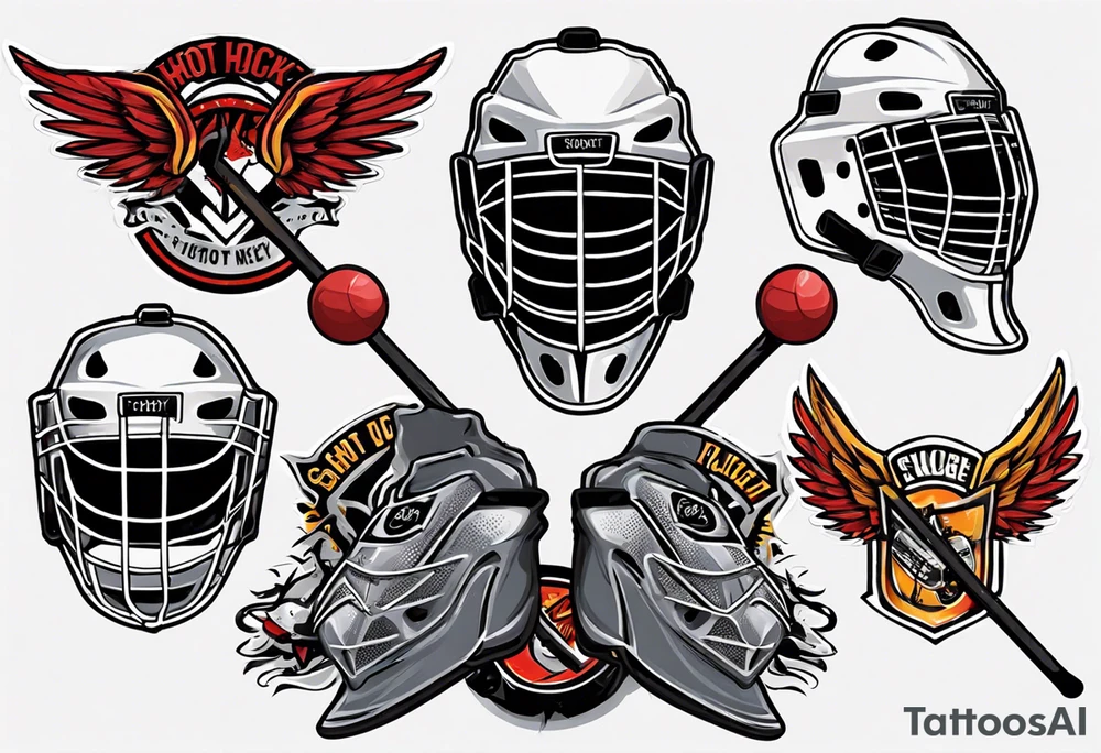 hockey puck with wings and a goalie mask that says "SHOT HOCKEY" tattoo idea
