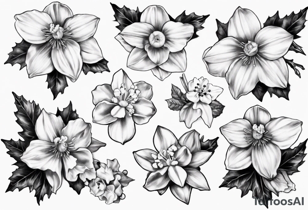 OAKLEE with Narcissus and holly flowers tattoo idea