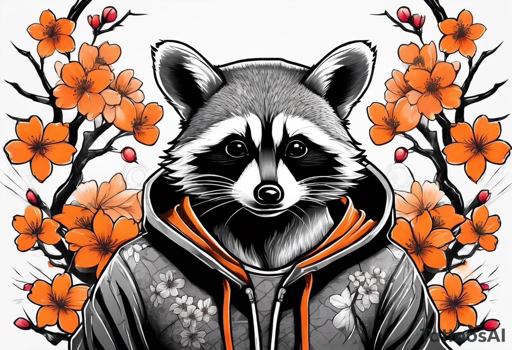 raccoon wearing a black and white Superman hoodie and orange Japanese cherry blossoms tattoo idea
