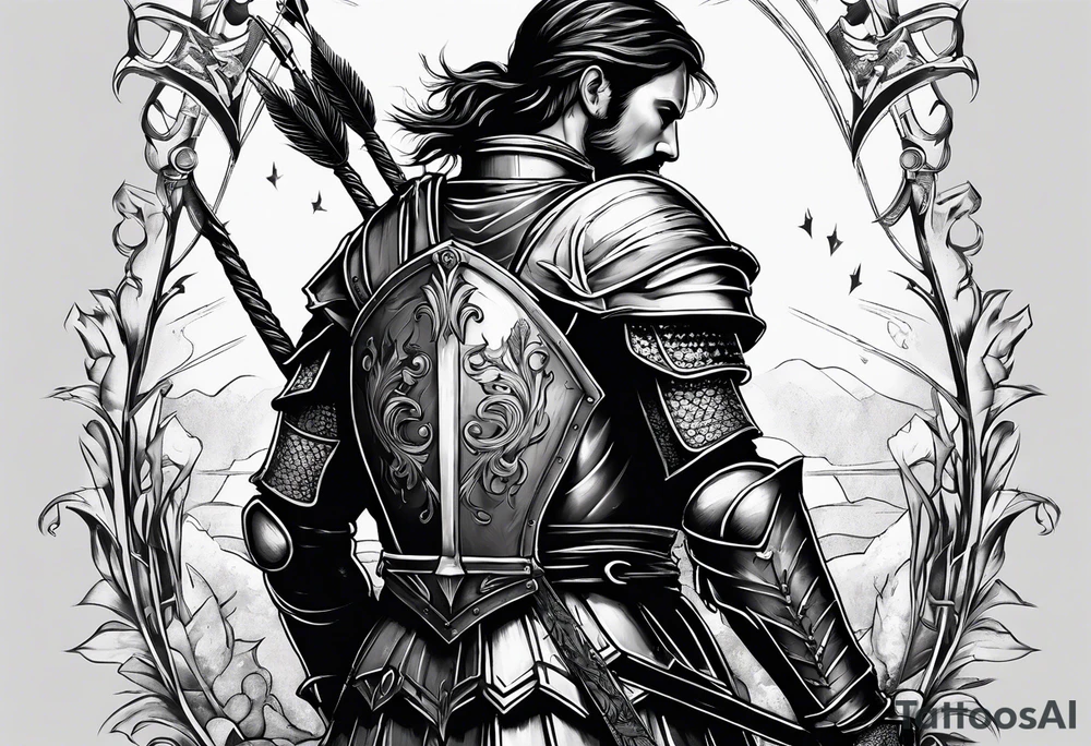 Side profile of a wounded knight on his knees with five arrows in his back tattoo idea